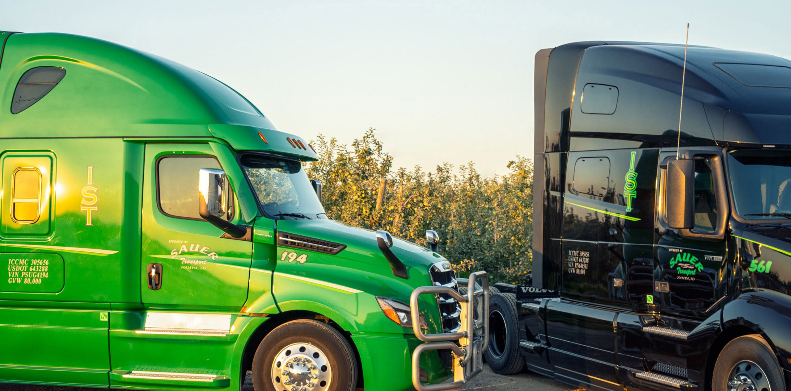 Two Idaho Specialized Transportation bobtail trucks, one black and one green