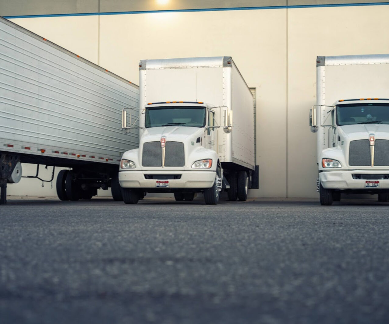 Two white freight trucks with trailers parked at a warehouse